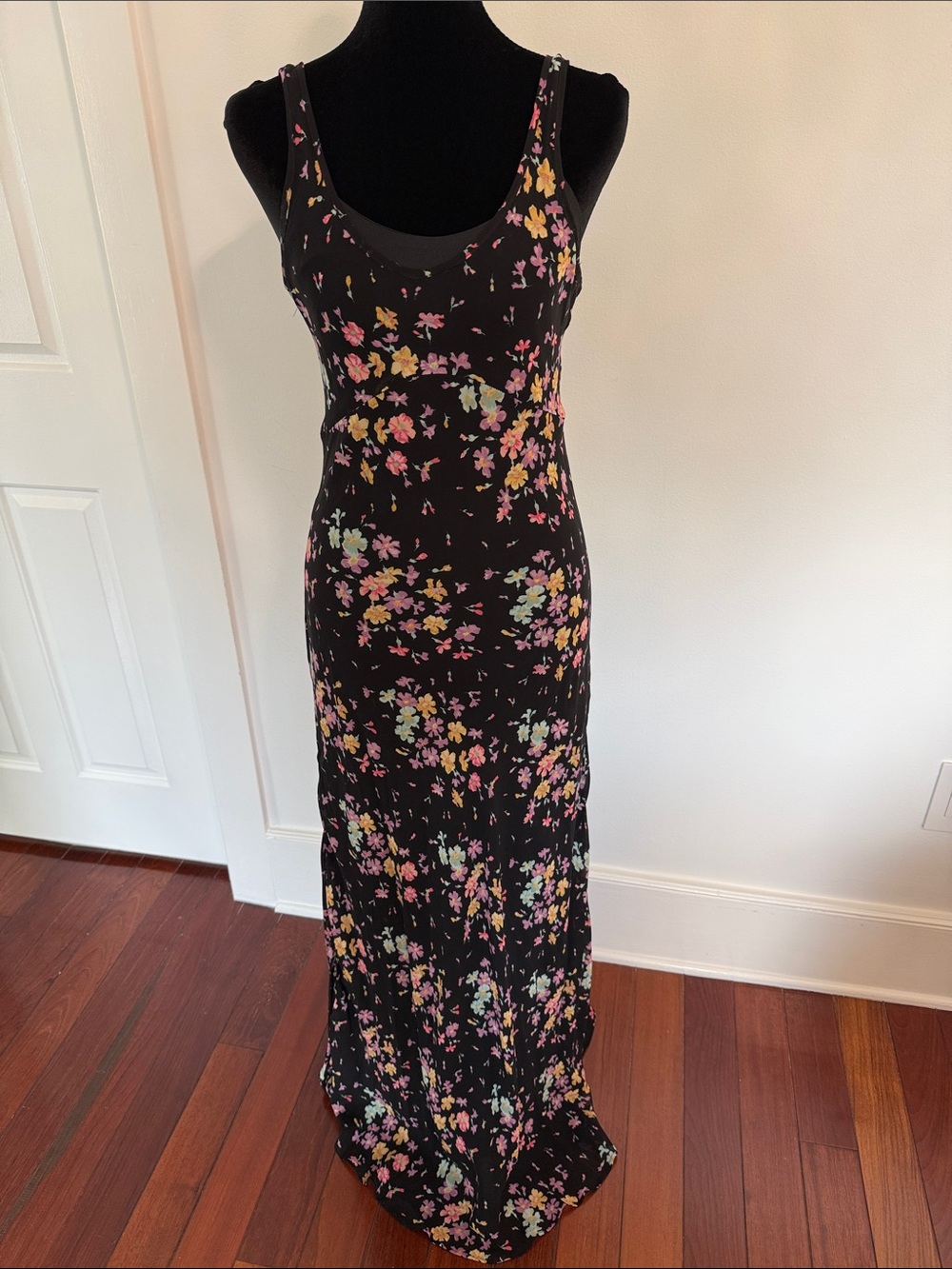 Betsey Johnson Black Floral Maxi Dress with Pink and Mint Accents